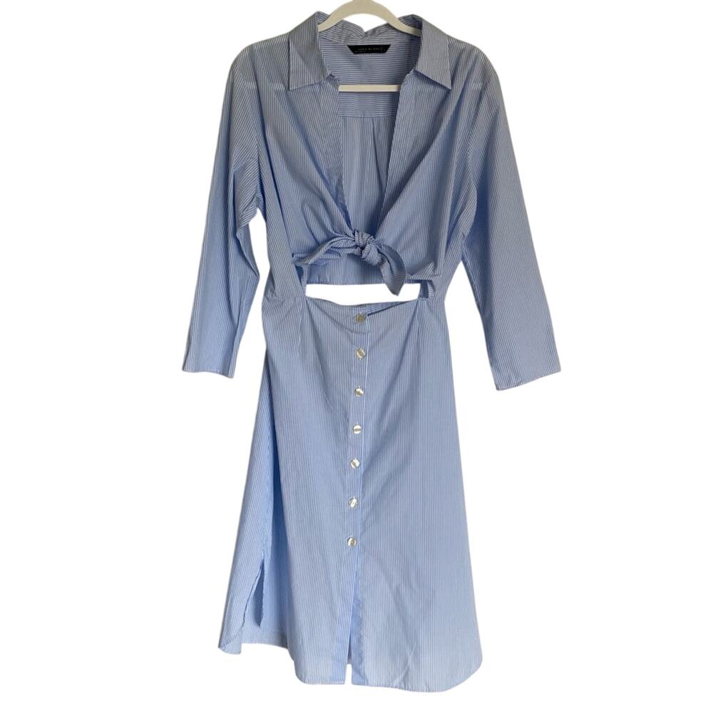 Zara Preppy Chic Tie Front Striped Quarter Sleeve Resortwear Midi Shirt Dress